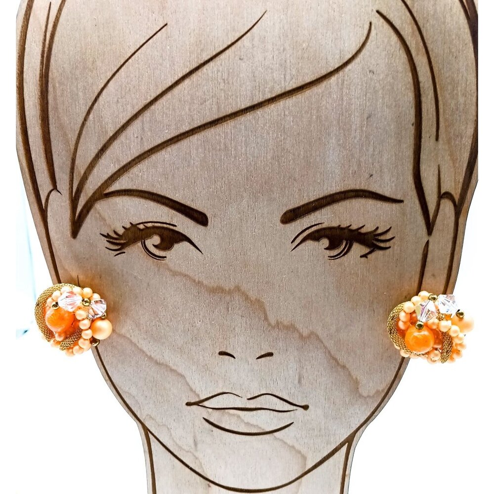 Vintage 1950s Beaded Clip On Earrings Orange and Gold Tone Mid Century Jewelry